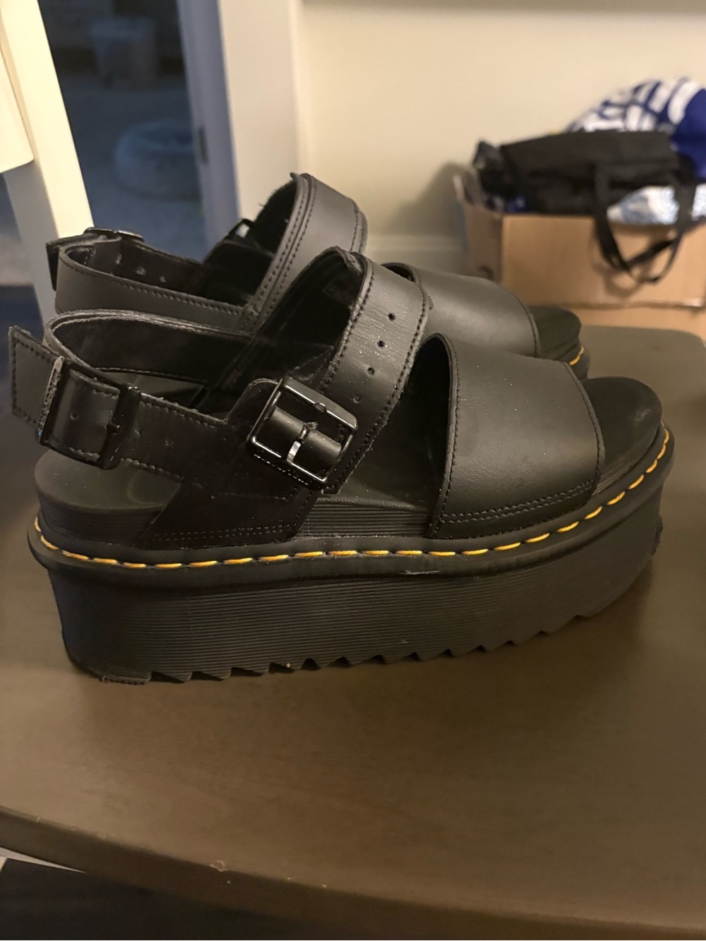Dr. Martens Black Leather Platform Sandals with Yellow Stitching